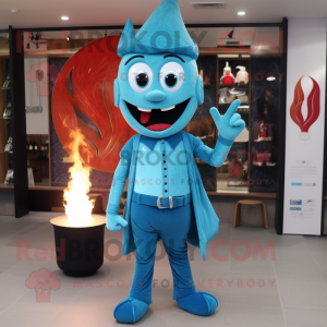 Cyan Fire Eater mascot costume character dressed with a Flare Jeans and Tie pins