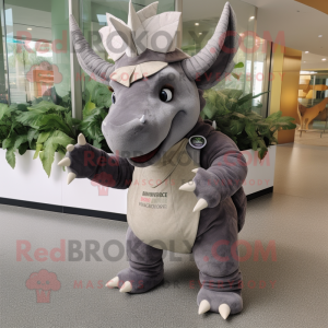 Gray Triceratops mascot costume character dressed with a A-Line Skirt and Beanies