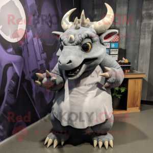 Gray Triceratops mascot costume character dressed with a A-Line Skirt and Beanies
