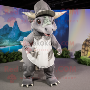 Gray Triceratops mascot costume character dressed with a A-Line Skirt and Beanies