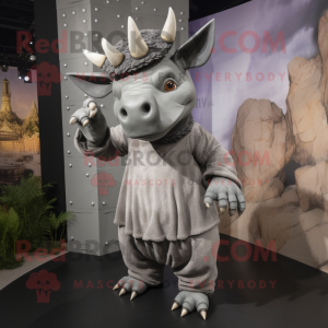 Gray Triceratops mascot costume character dressed with a A-Line Skirt and Beanies