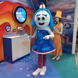 Blue Shakshuka mascot costume character dressed with a Pencil Skirt and Watches