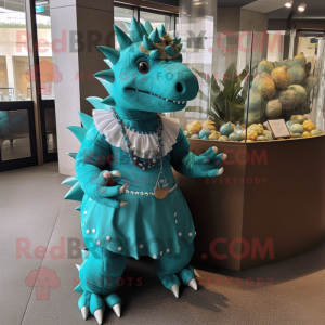 Turquoise Ankylosaurus mascot costume character dressed with a A-Line Skirt and Bracelets