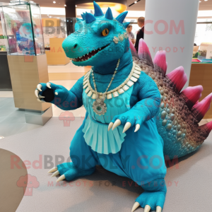 Turquoise Ankylosaurus mascot costume character dressed with a A-Line Skirt and Bracelets