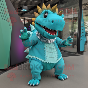 Turquoise Ankylosaurus mascot costume character dressed with a A-Line Skirt and Bracelets