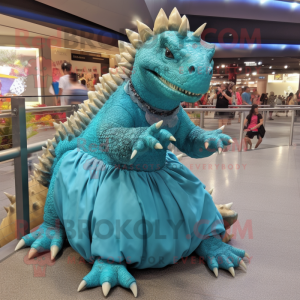 Turquoise Ankylosaurus mascot costume character dressed with a A-Line Skirt and Bracelets