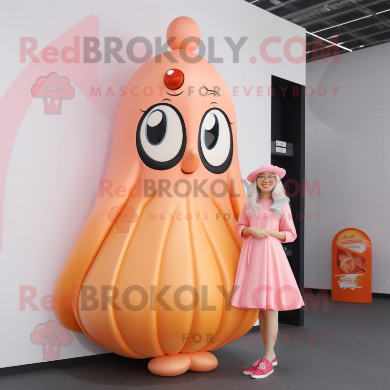 Peach Squid mascot costume character dressed with a Pleated Skirt and Watches Peach Squid mascot costume character dressed with a Pleated Skirt and Watches