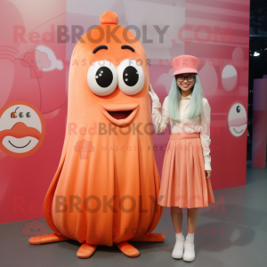 Peach Squid mascot costume character dressed with a Pleated Skirt and Watches