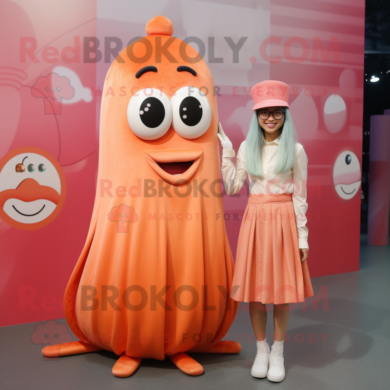 Peach Squid mascot costume character dressed with a Pleated Skirt and Watches Peach Squid mascot costume character dressed with a Pleated Skirt and Watches