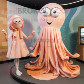 Peach Squid mascot costume character dressed with a Pleated Skirt and Watches