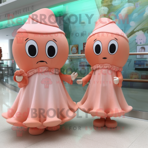 Peach Squid mascot costume character dressed with a Pleated Skirt and Watches