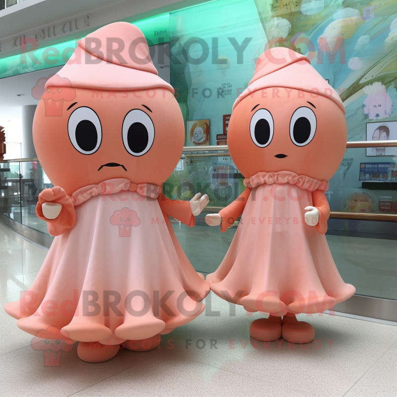 Peach Squid mascot costume character dressed with a Pleated Skirt and Watches