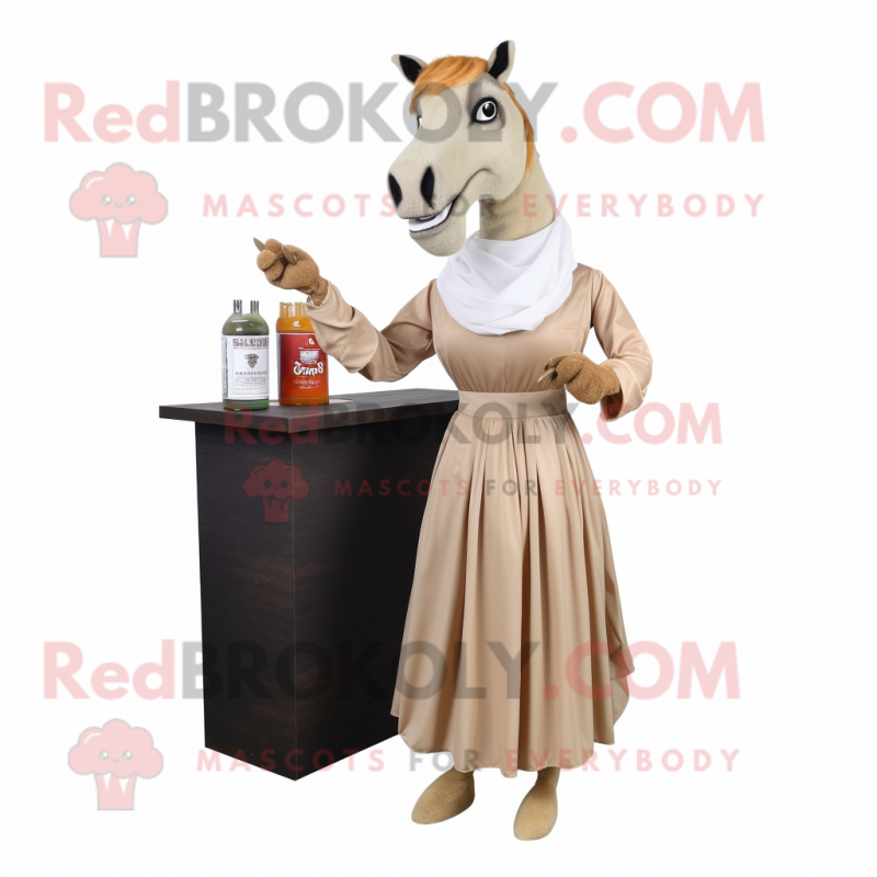 Beige Horse mascot costume character dressed with a Cocktail Dress and Scarves