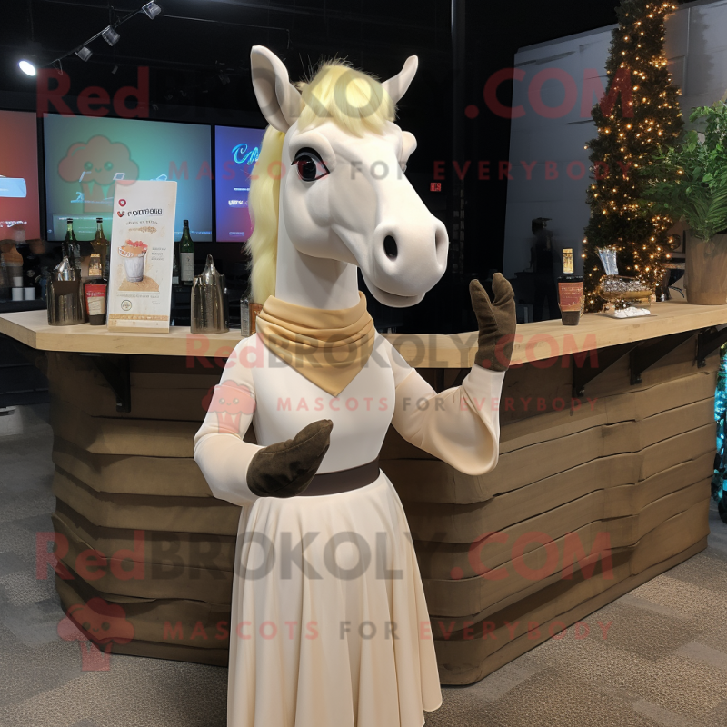 Beige Horse mascot costume character dressed with a Cocktail Dress and Scarves Beige Horse mascot costume character dressed with a Cocktail Dress and Scarves