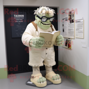 Cream Frankenstein'S Monster mascot costume character dressed with a Playsuit and Reading glasses