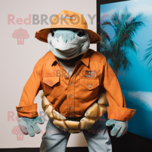 Rust Sea Turtle mascot costume character dressed with a Jacket and Hat pins