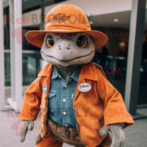 Rust Sea Turtle mascot costume character dressed with a Jacket and Hat pins