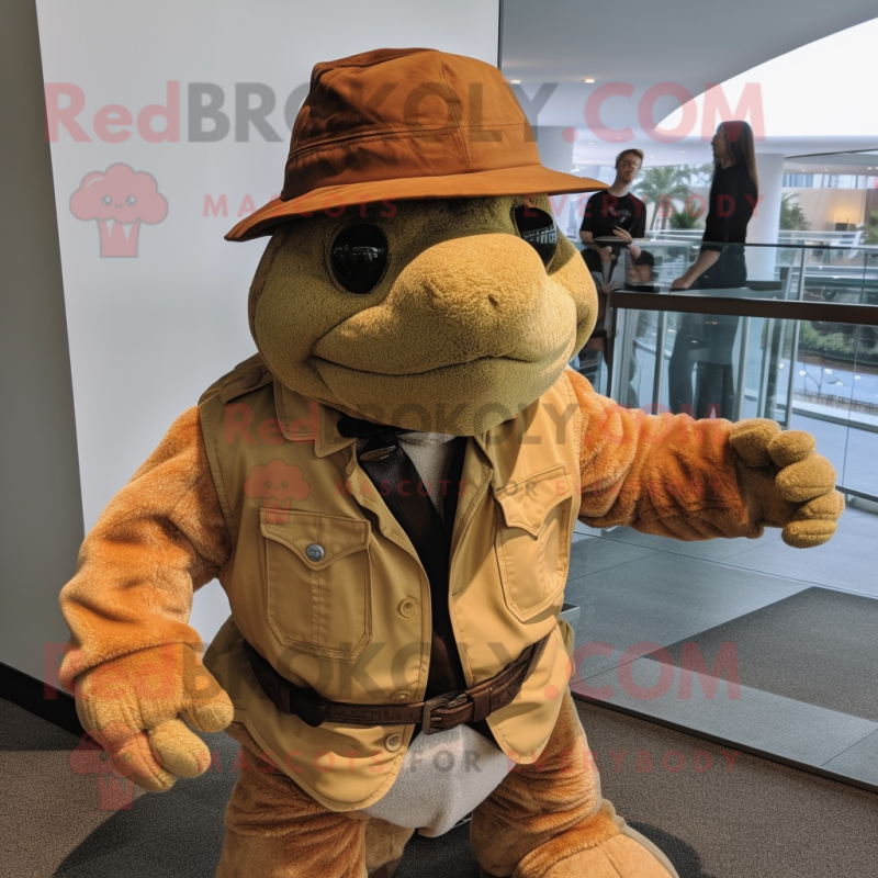 Rust Sea Turtle mascot costume character dressed with a Jacket and Hat pins