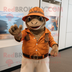 Rust Sea Turtle mascot costume character dressed with a Jacket and Hat pins