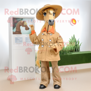 Tan Mare mascot costume character dressed with a Raincoat and Brooches