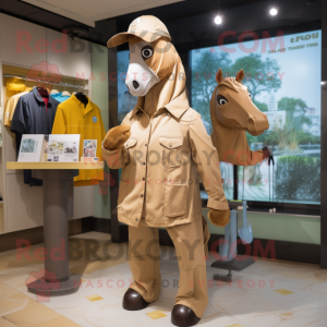 Tan Mare mascot costume character dressed with a Raincoat and Brooches