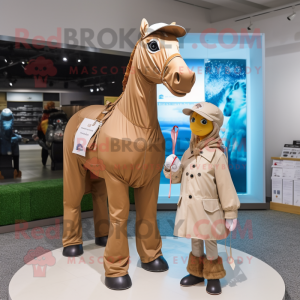 Tan Mare mascot costume character dressed with a Raincoat and Brooches