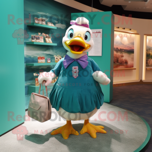 Teal Muscovy Duck mascot costume character dressed with a Bikini and Clutch bags