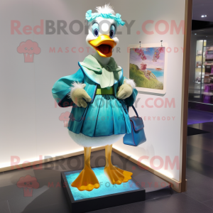 Teal Muscovy Duck mascot costume character dressed with a Bikini and Clutch bags