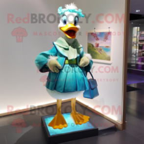Teal Muscovy Duck mascot costume character dressed with a Bikini and Clutch bags