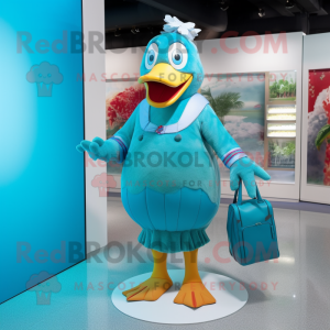 Teal Muscovy Duck mascot costume character dressed with a Bikini and Clutch bags