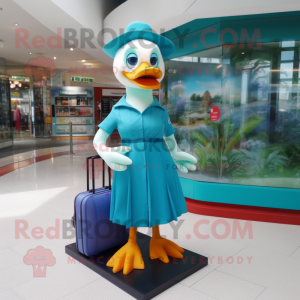 Teal Muscovy Duck mascot costume character dressed with a Bikini and Clutch bags