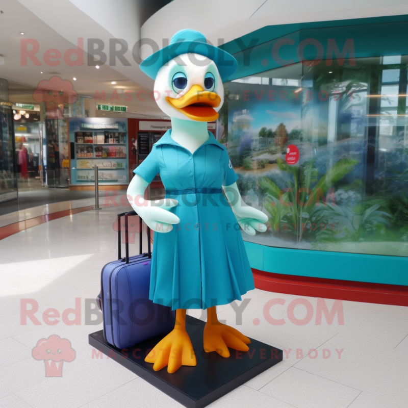 Teal Muscovy Duck mascot costume character dressed with a Bikini and Clutch bags Teal Muscovy Duck mascot costume character dressed with a Bikini and Clutch bags