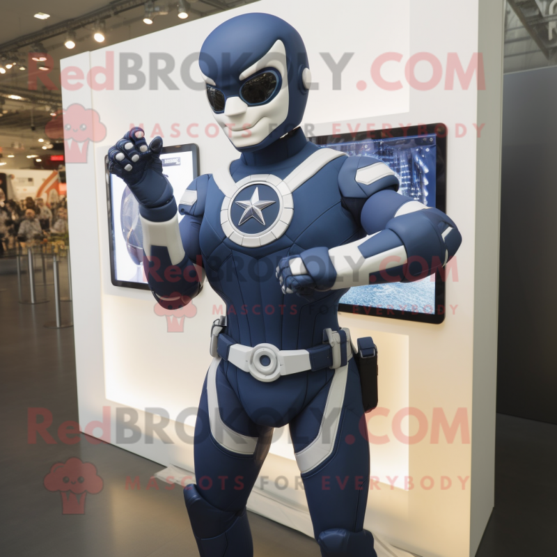 Navy Superhero mascot costume character dressed with a Jumpsuit and Smartwatches