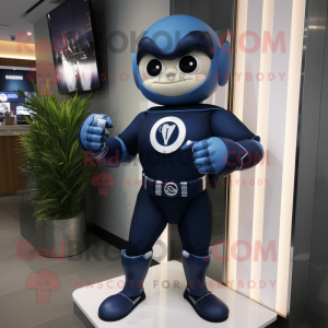 Navy Superhero mascot costume character dressed with a Jumpsuit and Smartwatches