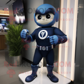 Navy Superhero mascot costume character dressed with a Jumpsuit and Smartwatches