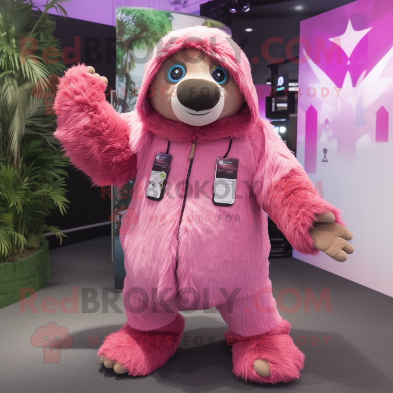 Pink Giant Sloth mascot costume character dressed with a Playsuit and Scarf clips