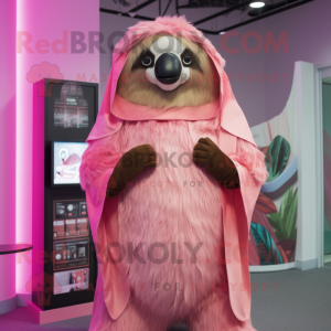 Pink Giant Sloth mascot costume character dressed with a Playsuit and Scarf clips