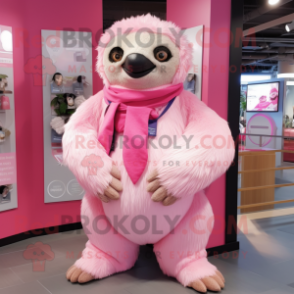 Pink Giant Sloth mascot costume character dressed with a Playsuit and Scarf clips