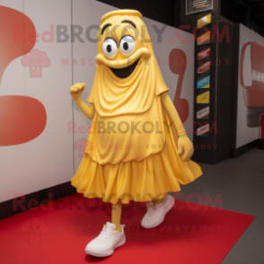 Gold Aglet mascot costume character dressed with a Midi Dress and Shoe laces