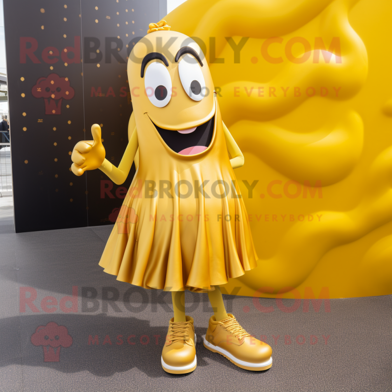 Gold Aglet mascot costume character dressed with a Midi Dress and Shoe laces