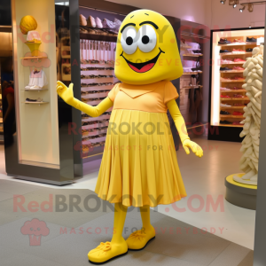 Gold Aglet mascot costume character dressed with a Midi Dress and Shoe laces