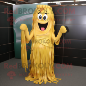 Gold Aglet mascot costume character dressed with a Midi Dress and Shoe laces