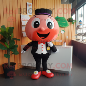 Peach Strawberry mascot costume character dressed with a Tuxedo and Shoe laces