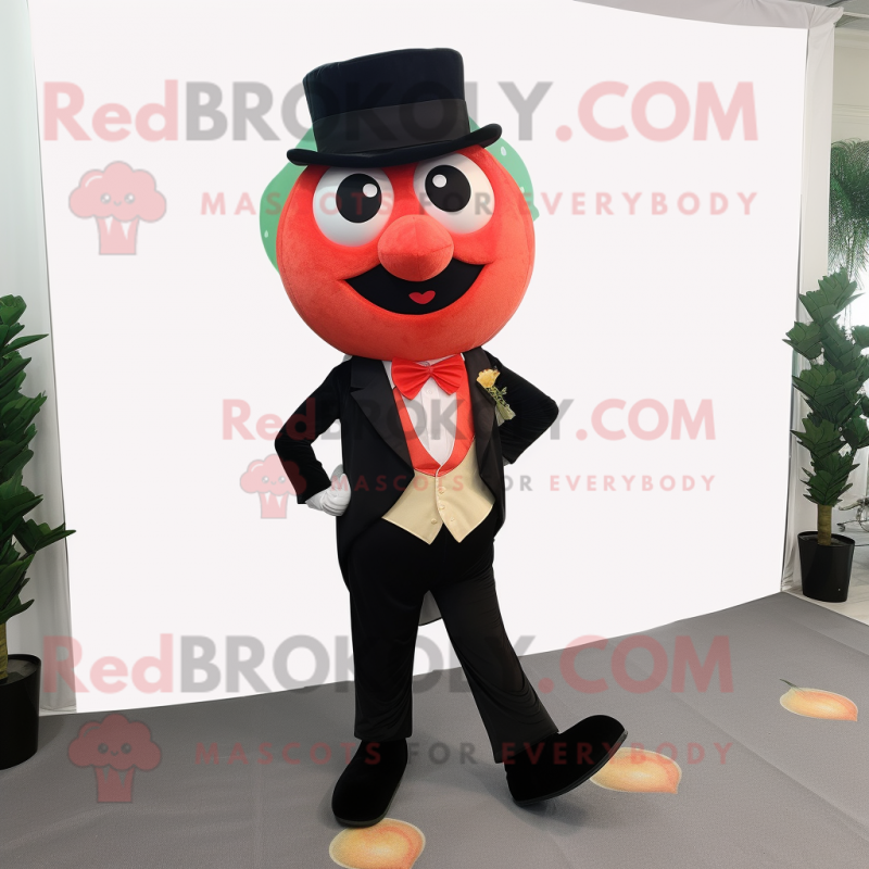 Peach Strawberry mascot costume character dressed with a Tuxedo and Shoe laces