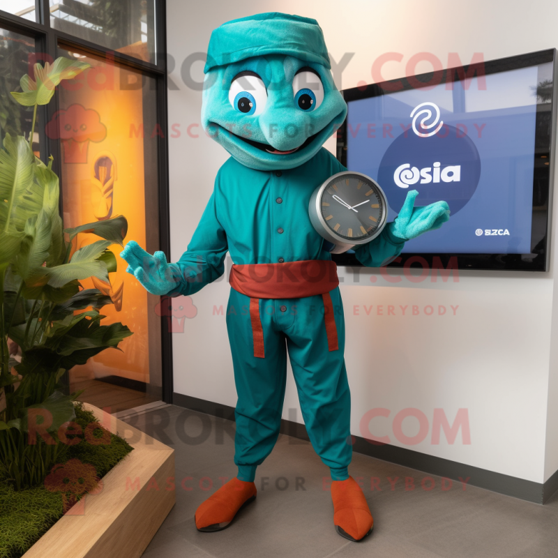 Teal Tikka Masala mascot costume character dressed with a Chinos and Digital watches Teal Tikka Masala mascot costume character dressed with a Chinos and Digital watches