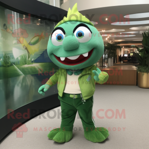 Green Salmon mascot costume character dressed with a Culottes and Bracelet watches