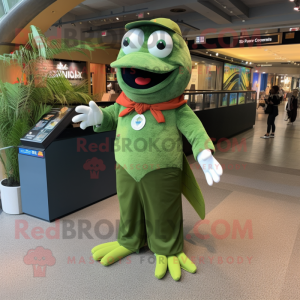 Green Salmon mascot costume character dressed with a Culottes and Bracelet watches