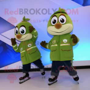 Olive Pair Of Ice Skates mascot costume character dressed with a Windbreaker and Bracelet watches