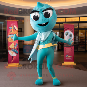 Teal Pizza mascot costume character dressed with a Yoga Pants and Scarf clips
