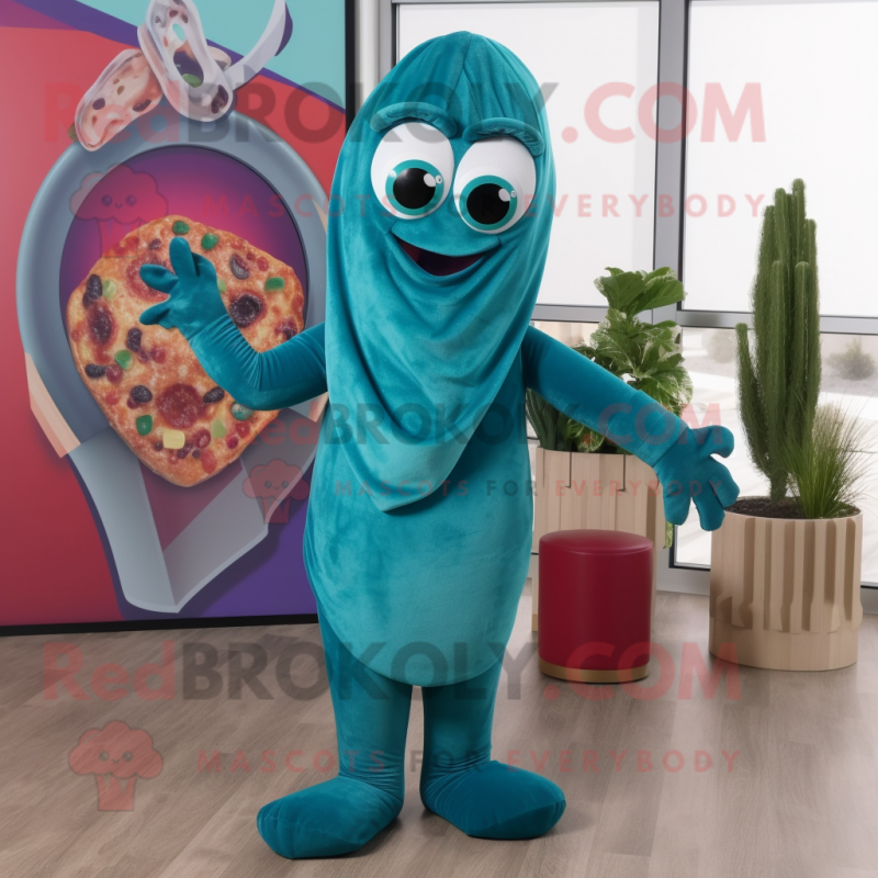 Teal Pizza mascot costume character dressed with a Yoga Pants and Scarf clips